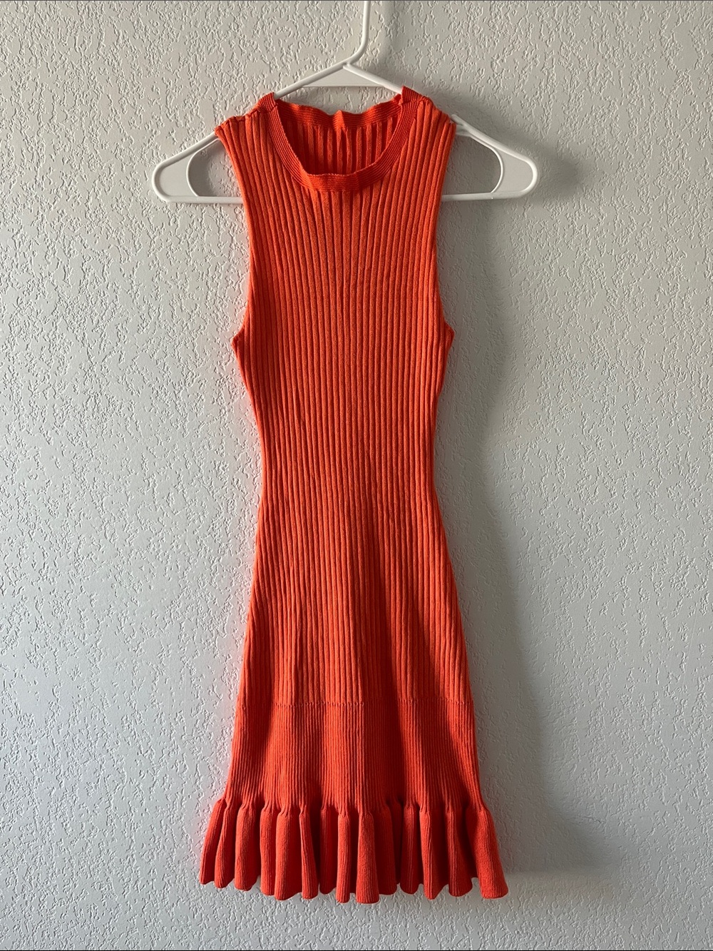 Sleeveless Ribbed Mini Dress with Ruffle Hem - Orange - Picture 2 of 5